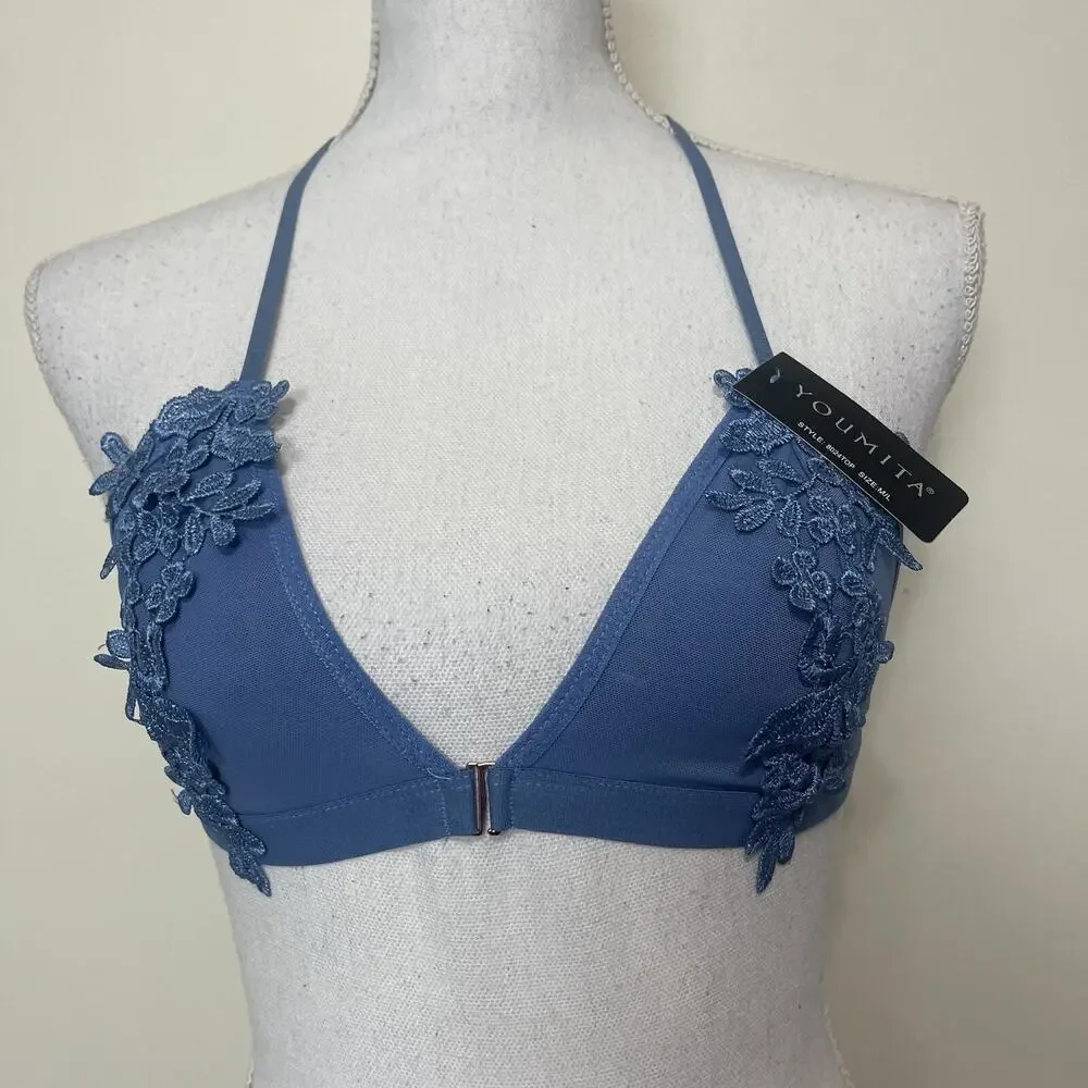 Women Lace Bralette Sexy Bra‎ Floral Lingerie Night Embroidered Flower Blue M/L